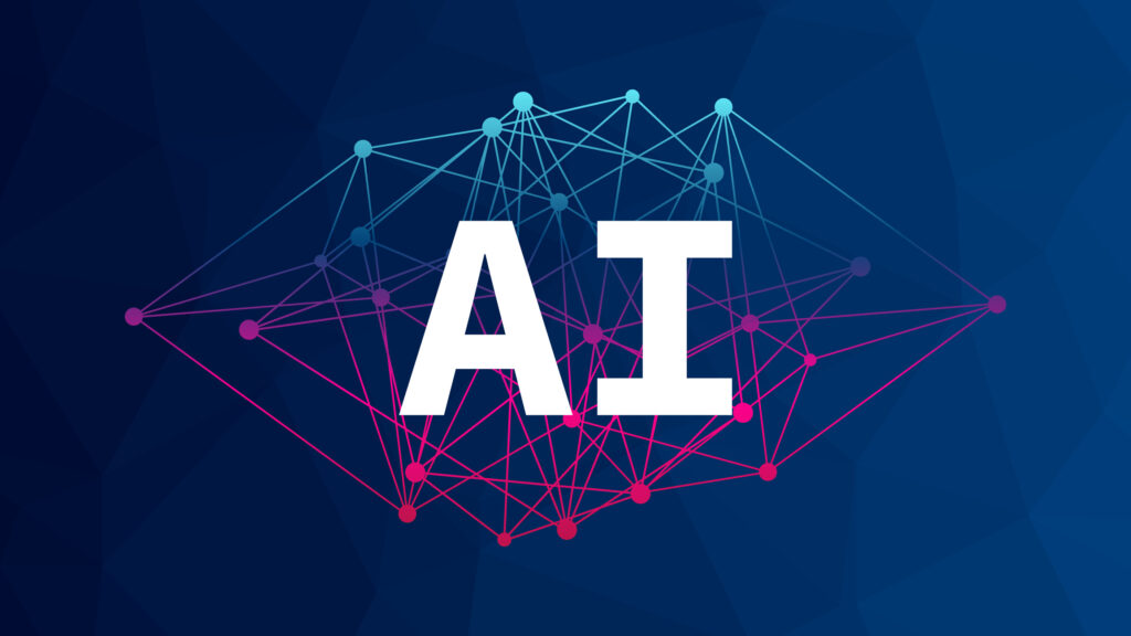 Artificial intelligence. Triangle blue pink gradient network pattern. Deep learning. Smart digital technology. AI vector illustration for science, presentation, concept design, business